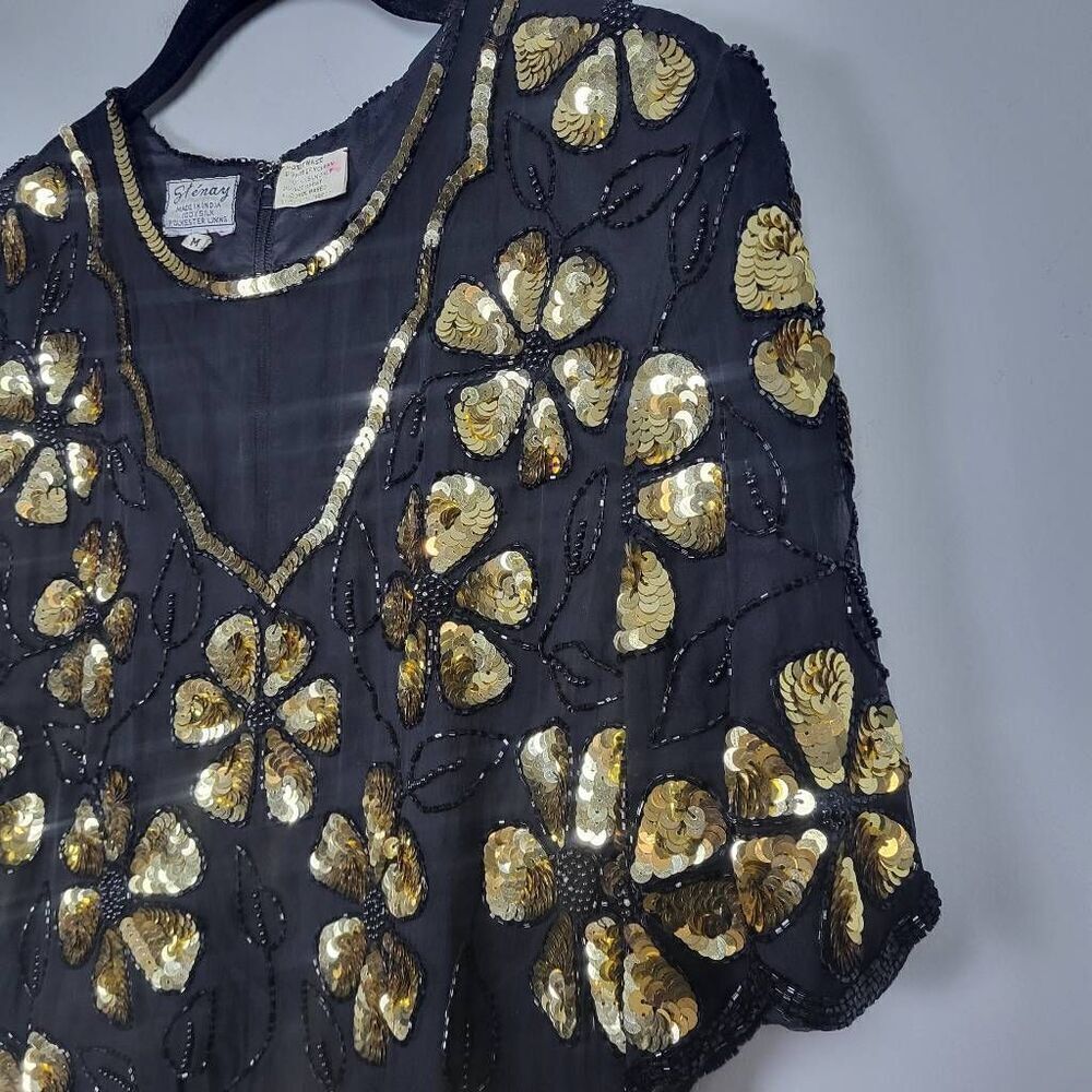 VTG Stenay Womens Silk Sequin Top Size Medium Black Gold Floral Beaded Swiftie - Picture 4 of 7
